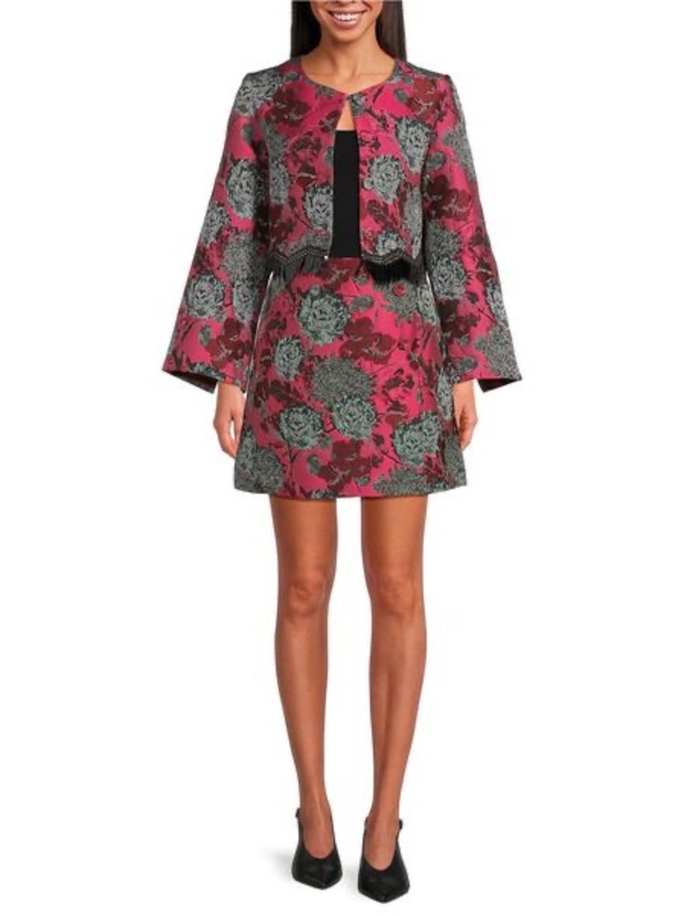 NWT Abbey Glass Kennedy Jacket & Jessica Mini Skirt Set Hot Pink Floral Jacquard